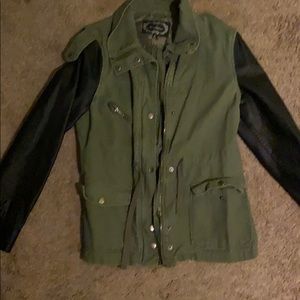 cargo jacket with faux leather sleeves